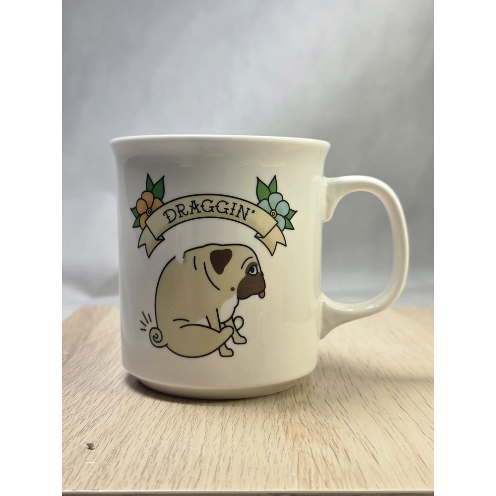 Genuine Pug FRED Draggin' Novelty Coffee Mug 16 oz White Cup Dog Design